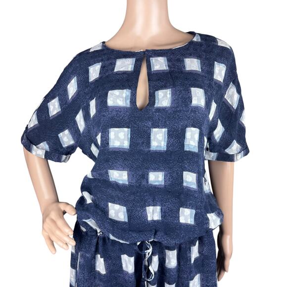 Tory Burch Erica Antibes Blue Poplin Square Silk Drop Waist Blouson Mini Dress L - Picture 2 of 11